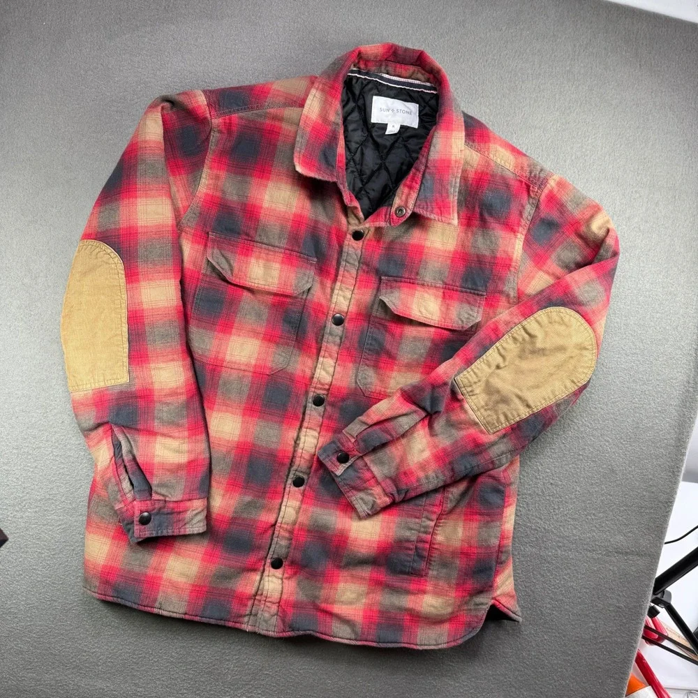 Sun Stone Flannel Shirt Jacket Mens XL Red Plaid Quilted Lining Elbow Patches
